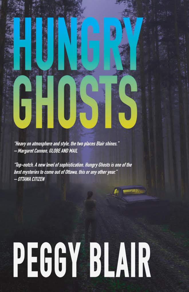 Cover of Hunry Ghosts book depicting light car stuck in a foggy forest while a person looks on.