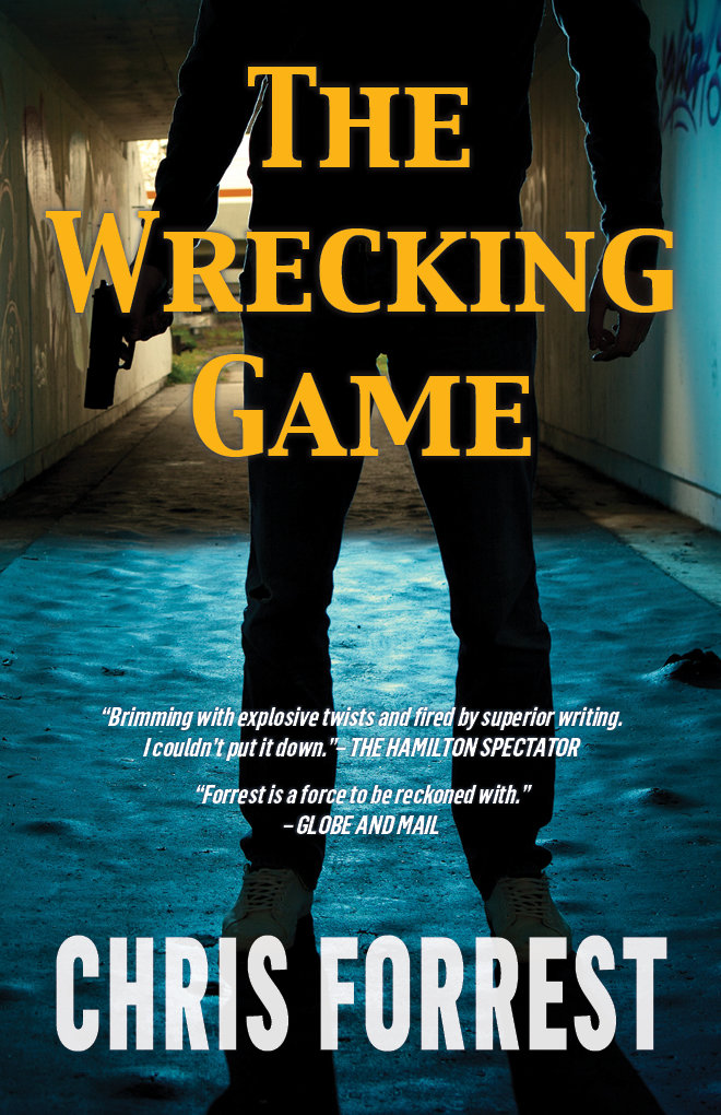 Cover of The Wrecking Game by Chris Forrest book depicting a man holding a gun silhouetted in a tunnel